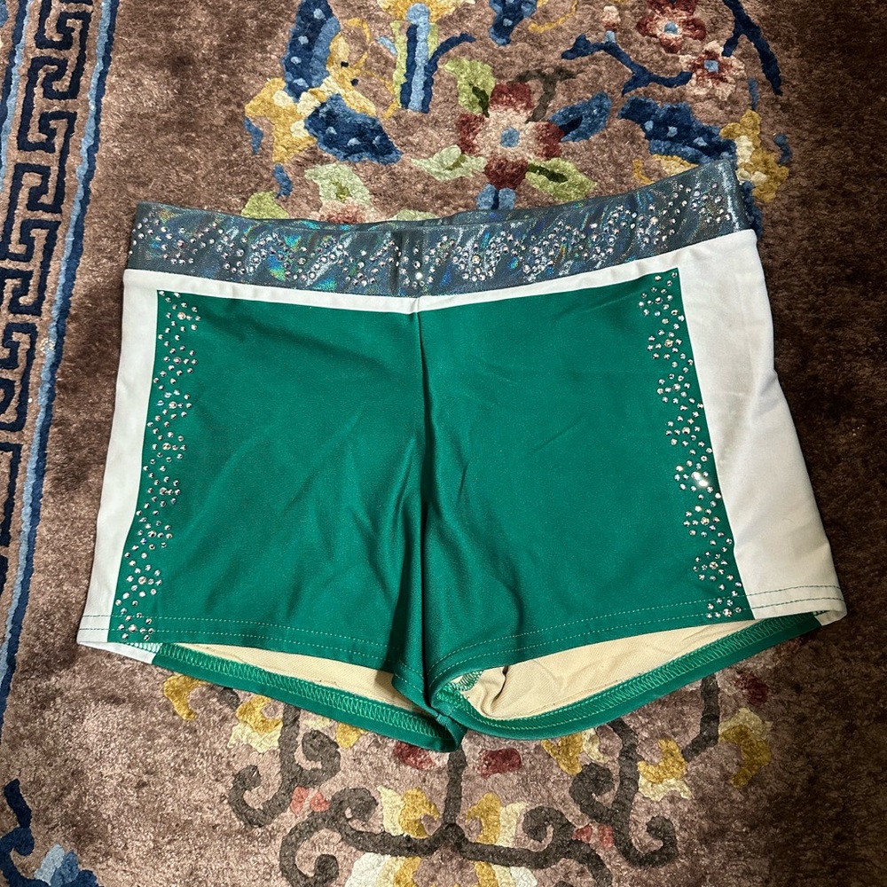 Varsity Spirit Green Spandex Shorts w Rhinestones